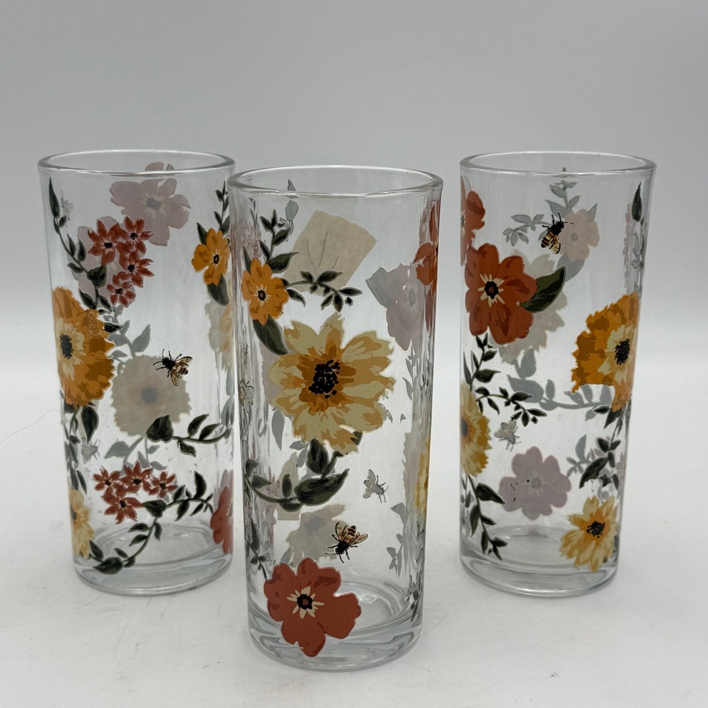 Vintage Floral Bee Highball Glasses Set of 3 Wildflower Tumblers Cottage Core
